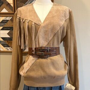 Vintage Western Pioneer Wear Leather Suede Tassel Fringe Knit Sweater Large NWT